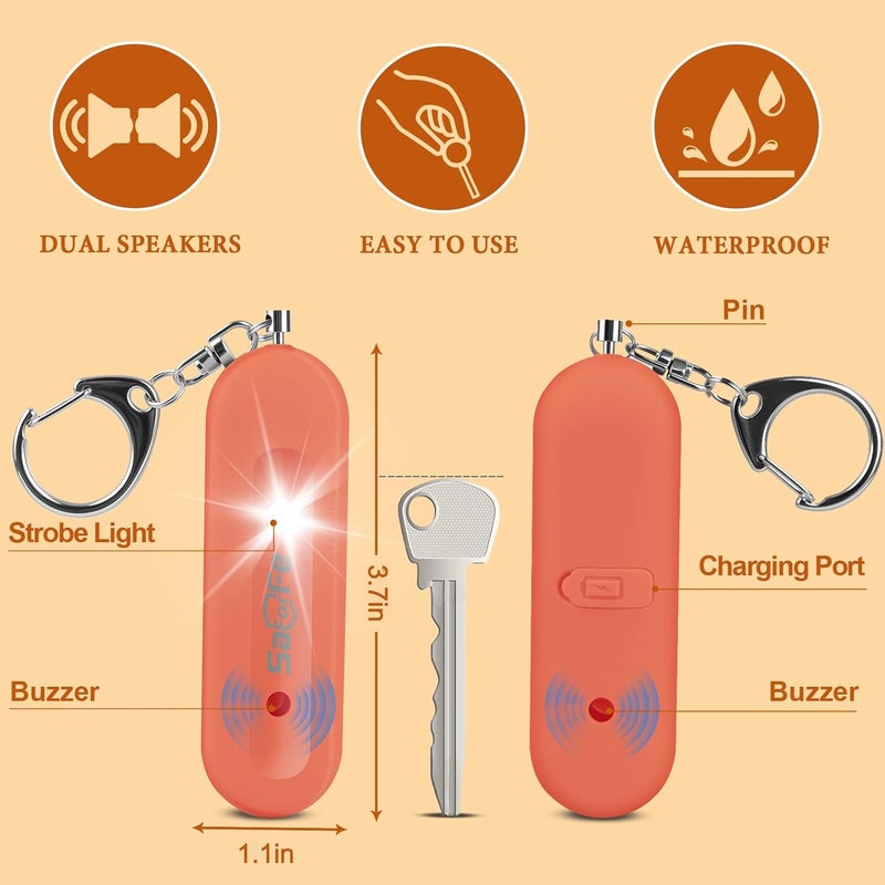 SaForFe Personal Safety Alarm - Waterproof Rechargeable Security Alarm - 140dB Extra Loud Siren & Strobe Light - Self Defense Keychain - Gift for Women, Teenagers, College Girls, Seniors (Orange) - Image 3